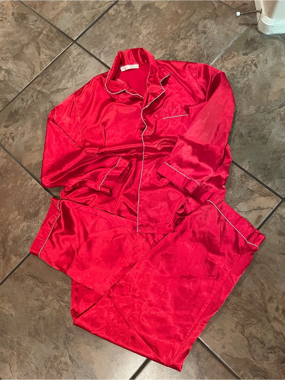 Unk Red Satin Pajama Set with White Piping